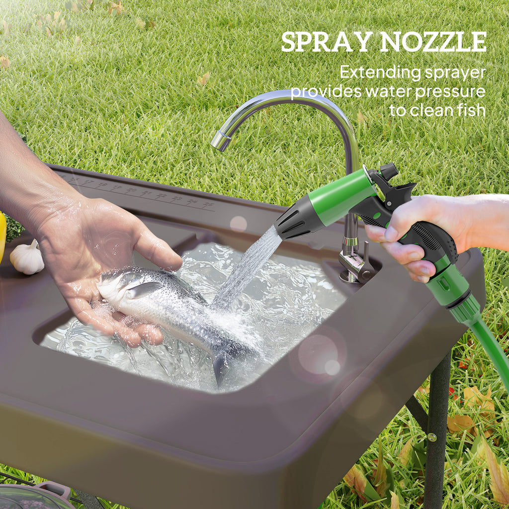 Folding Fish Cleaning Table With Sink, Portable Camping Table With Faucet, Drainage Hose, Sprayer And Shelf, Tan