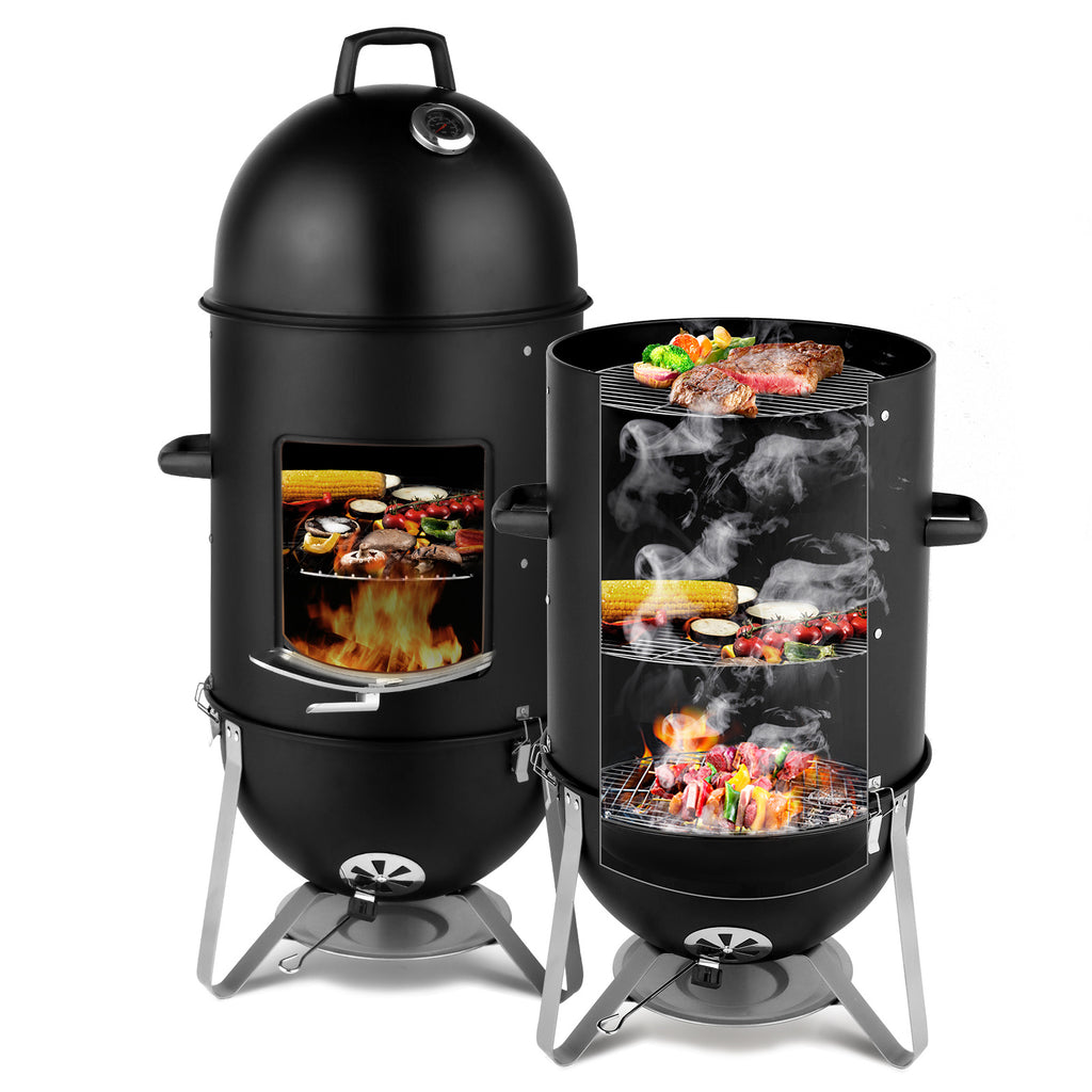 Vertical Steel Charcoal Smoker - 3-Layer Oval Cylinder BBQ Grill with Temperature Control