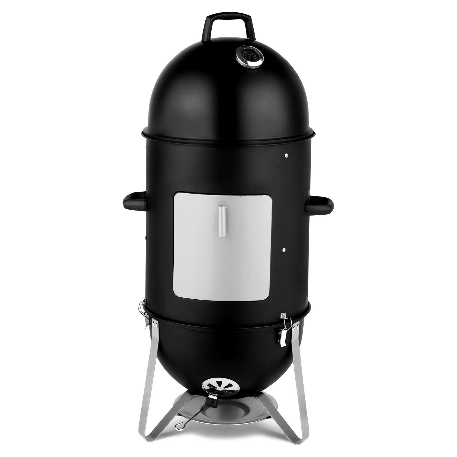 Black cylindrical smoker grill on a white background