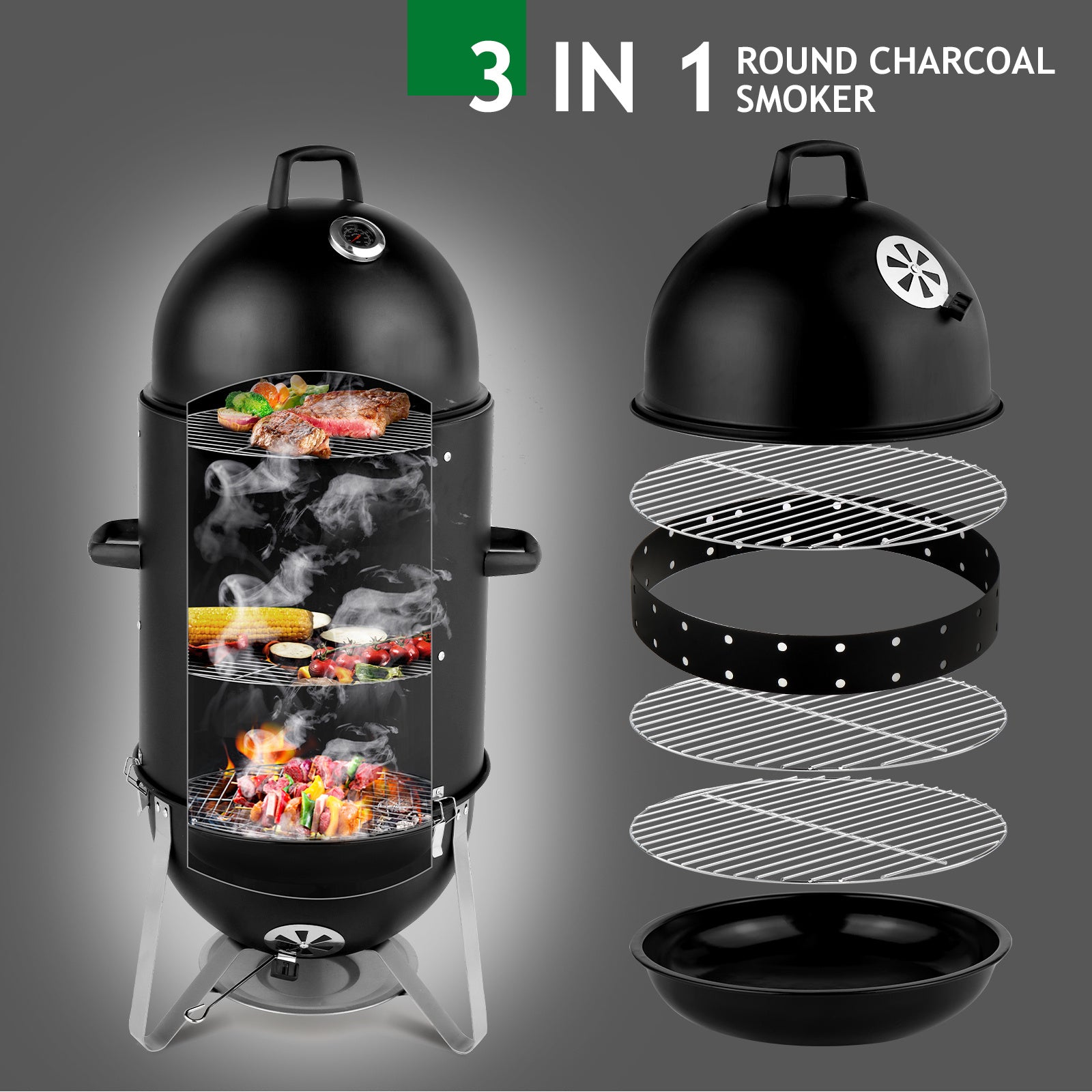 Vertical Steel Charcoal Smoker - 3-Layer Oval Cylinder BBQ Grill with Temperature Control
