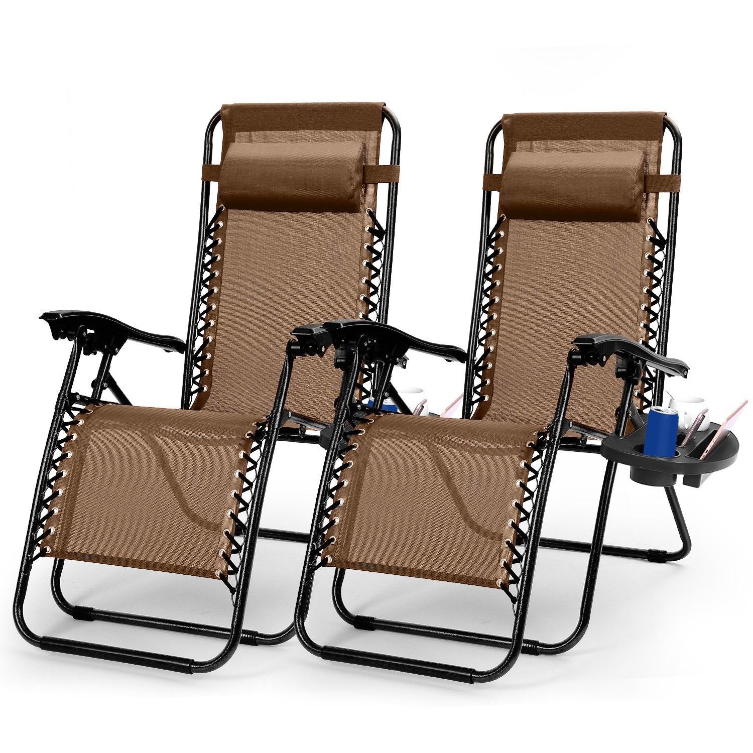 2Packs Zero Gravity Lounge Chair With Dual Side Tray Stress Relief Pillow 330lbs Max Load Per Chair Foldable For Patio Poolside Beach Fedex Shipping