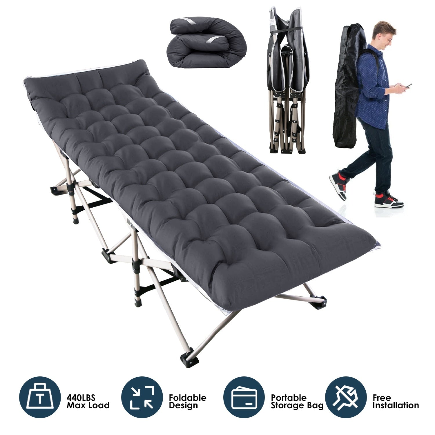 Portable Folding Camping Cot - Collapsible Travel Bed with Soft Pad (440lbs Capacity)