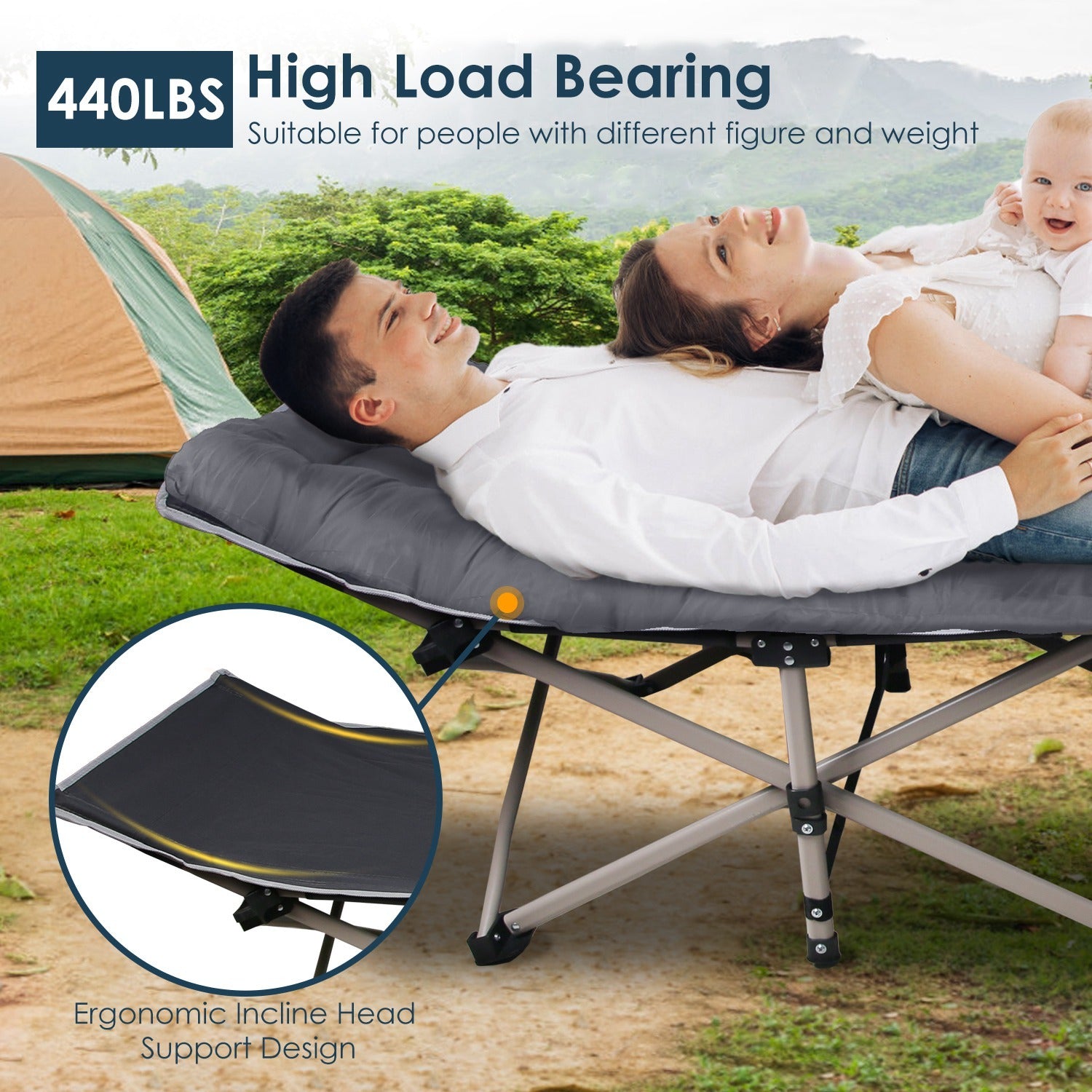 Portable Folding Camping Cot - Collapsible Travel Bed with Soft Pad (440lbs Capacity)