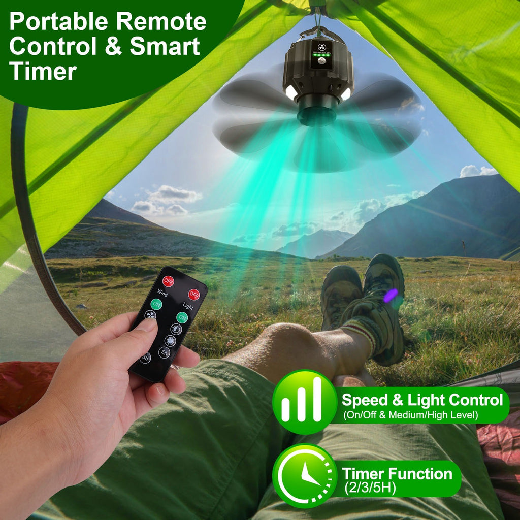 Portable Camping Ceiling LED Fan 10400mAh USB Battery Powered Hanging Tent Lantern Fan Power Bank With 3 Fan Speed 3 Light Brightness Smart Timer Remote Control
