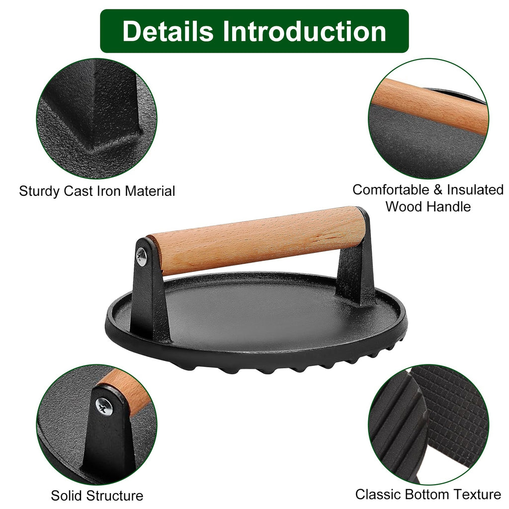 Cast iron grill press set with 2 pieces - rectangular and round burger smasher with ergonomic wooden handles for camping BBQ