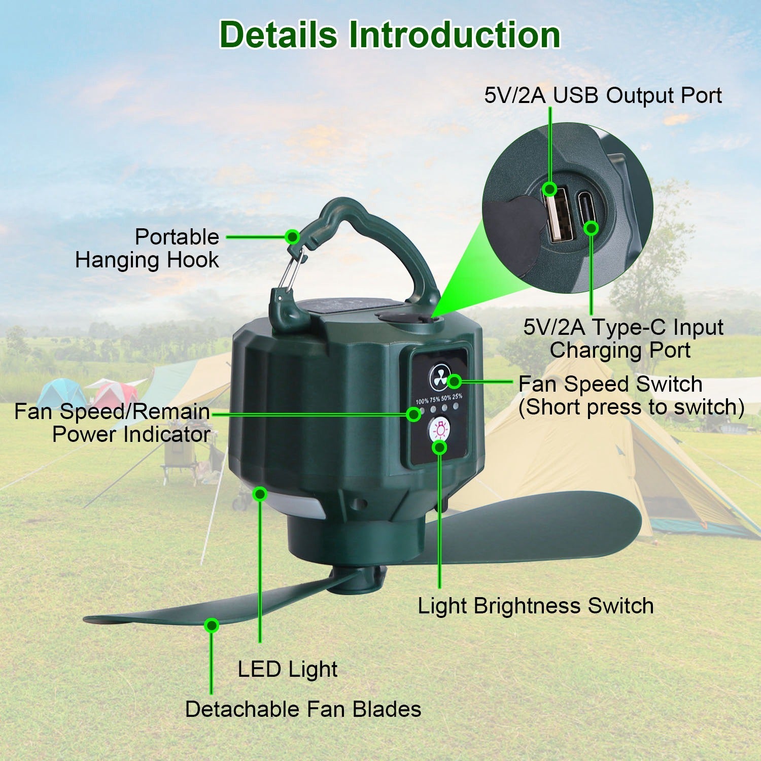Portable Camping Ceiling LED Fan 10400mAh USB Battery Powered Hanging Tent Lantern Fan Power Bank With 3 Fan Speed 3 Light Brightness Smart Timer Remote Control