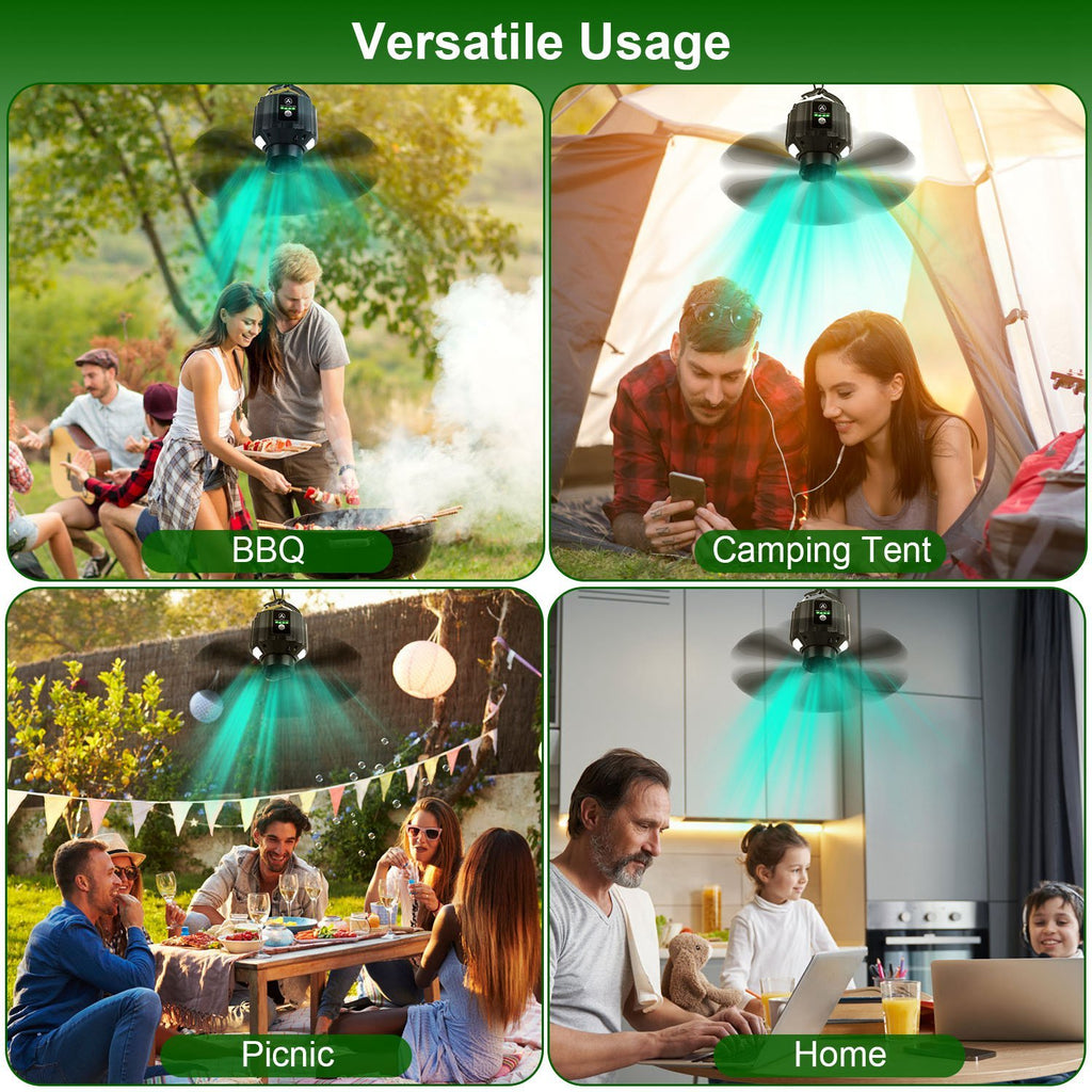 Portable Camping Ceiling LED Fan 10400mAh USB Battery Powered Hanging Tent Lantern Fan Power Bank With 3 Fan Speed 3 Light Brightness Smart Timer Remote Control