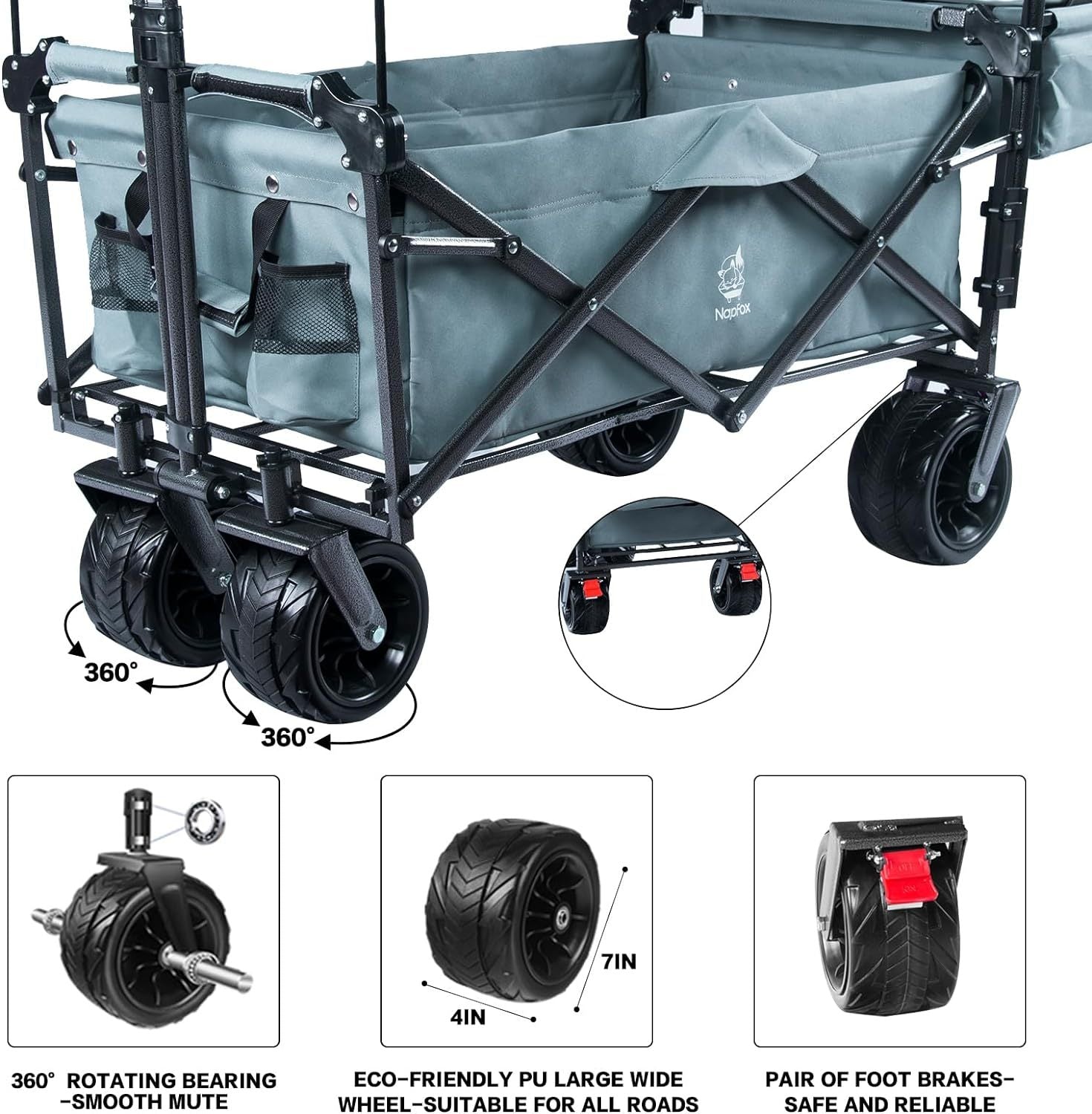 Collapsible Wagon 140L Wagons Carts Foldable With Removable Canopy, Folding Wagon Cart With Wheels For All-Terrain With Brake, Foldable Wagon With Cooler Bag, For Camping Beach Shopping