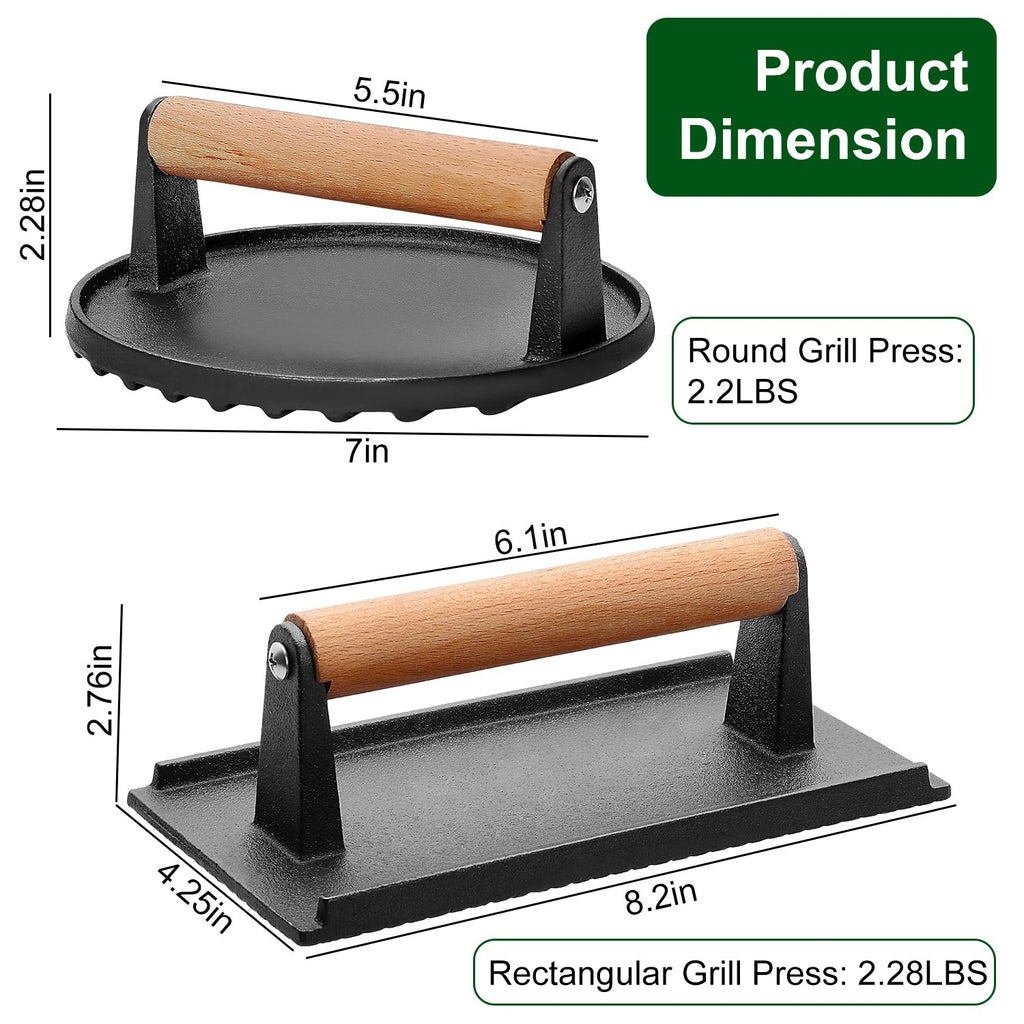 Cast iron grill press set with 2 pieces - rectangular and round burger smasher with ergonomic wooden handles for camping BBQ
