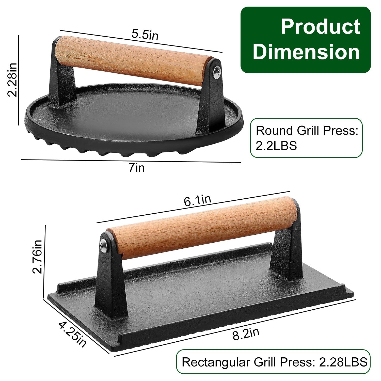 Cast iron grill press set with 2 pieces - rectangular and round burger smasher with ergonomic wooden handles for camping BBQ