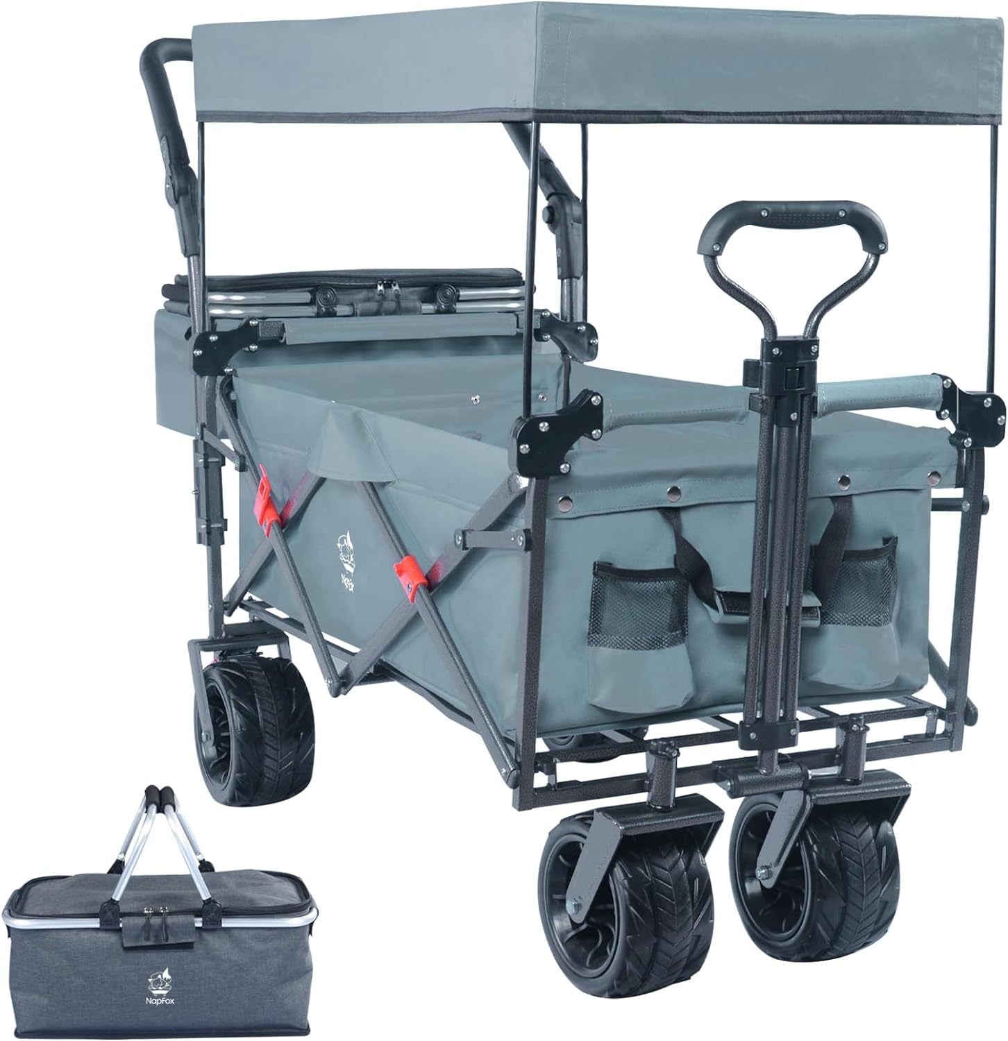 Collapsible Wagon 140L Wagons Carts Foldable With Removable Canopy, Folding Wagon Cart With Wheels For All-Terrain With Brake, Foldable Wagon With Cooler Bag, For Camping Beach Shopping