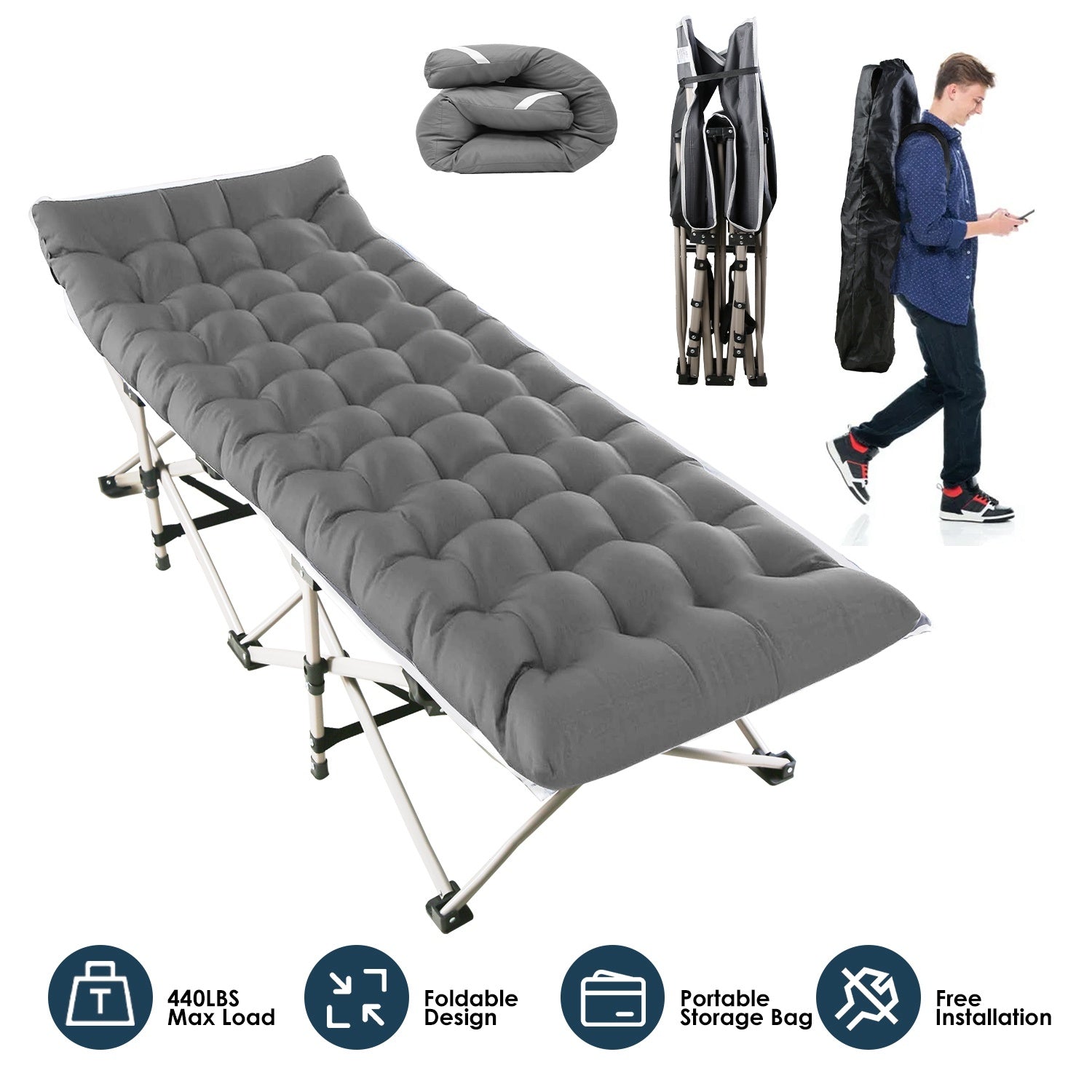 Portable Folding Camping Cot - Collapsible Travel Bed with Soft Pad (440lbs Capacity)