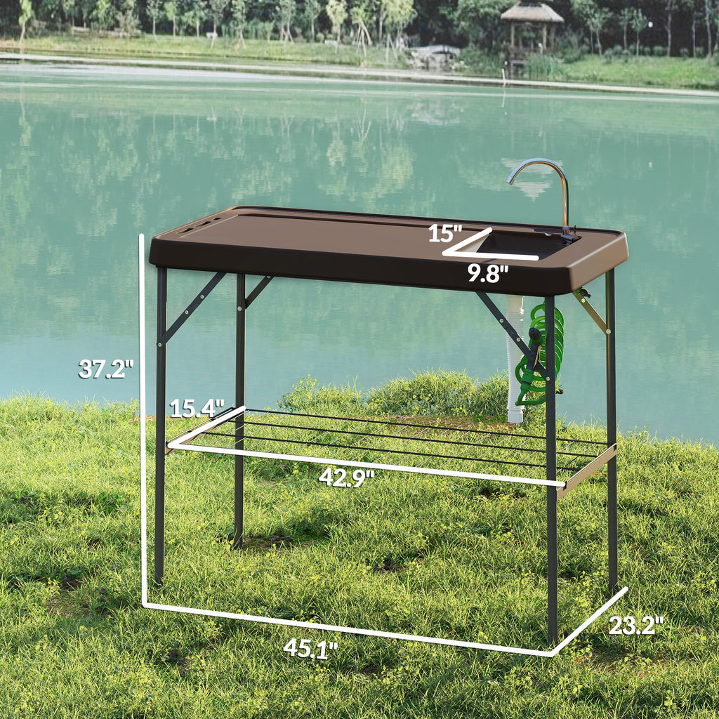 Folding Fish Cleaning Table With Sink, Portable Camping Table With Faucet, Drainage Hose, Sprayer And Shelf, Tan