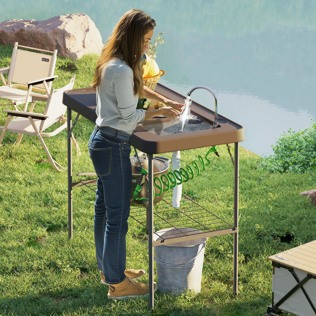 Folding Fish Cleaning Table With Sink, Portable Camping Table With Faucet, Drainage Hose, Sprayer And Shelf, Tan
