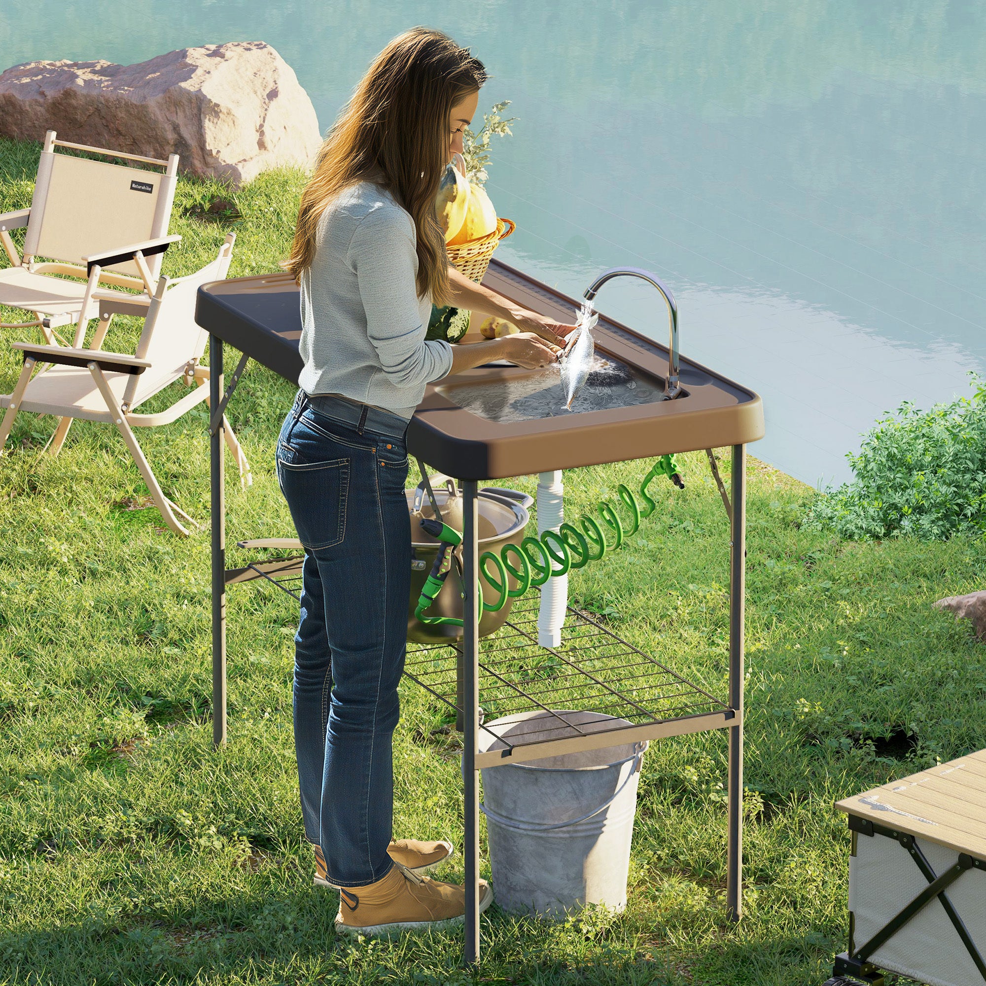 Folding Fish Cleaning Table With Sink, Portable Camping Table With Faucet, Drainage Hose, Sprayer And Shelf, Tan