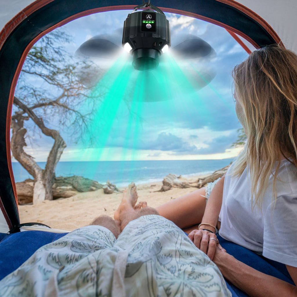 Portable Camping Ceiling LED Fan 10400mAh USB Battery Powered Hanging Tent Lantern Fan Power Bank With 3 Fan Speed 3 Light Brightness Smart Timer Remote Control