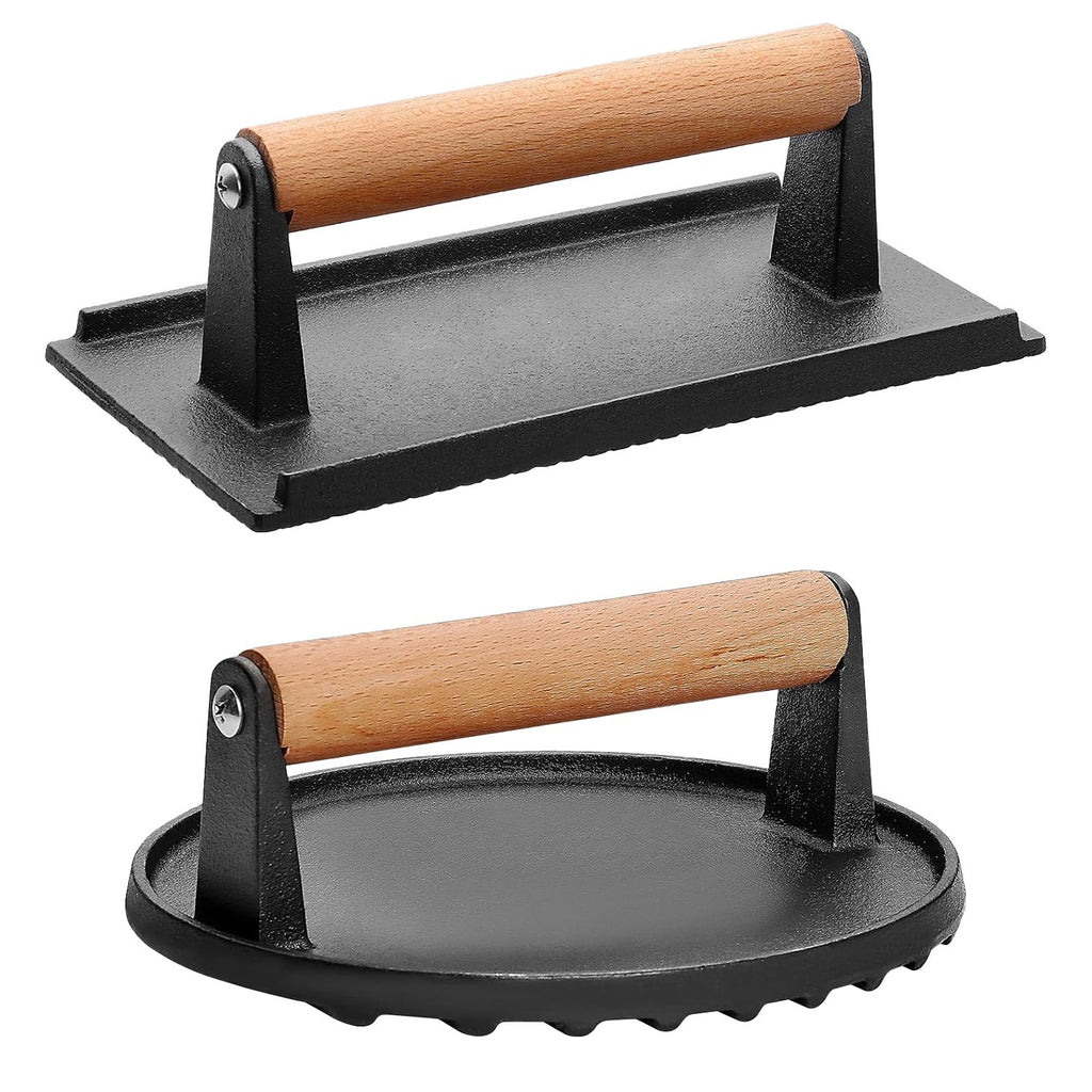 Cast iron grill press set with 2 pieces - rectangular and round burger smasher with ergonomic wooden handles for camping BBQ
