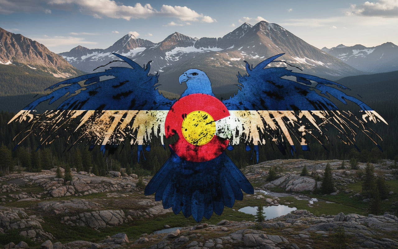 Eagle with a colorful circular design on a dark background