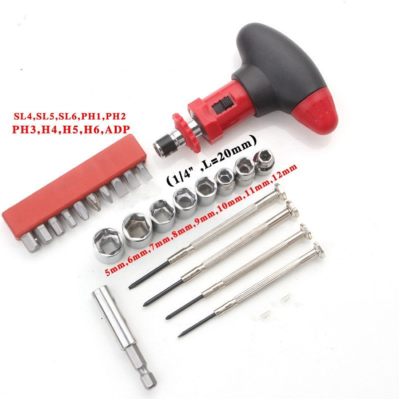 Professional ratchet handle with metric sockets and precision drill bits, part of 25-piece multi-tool flashlight set for versatile camping repairs