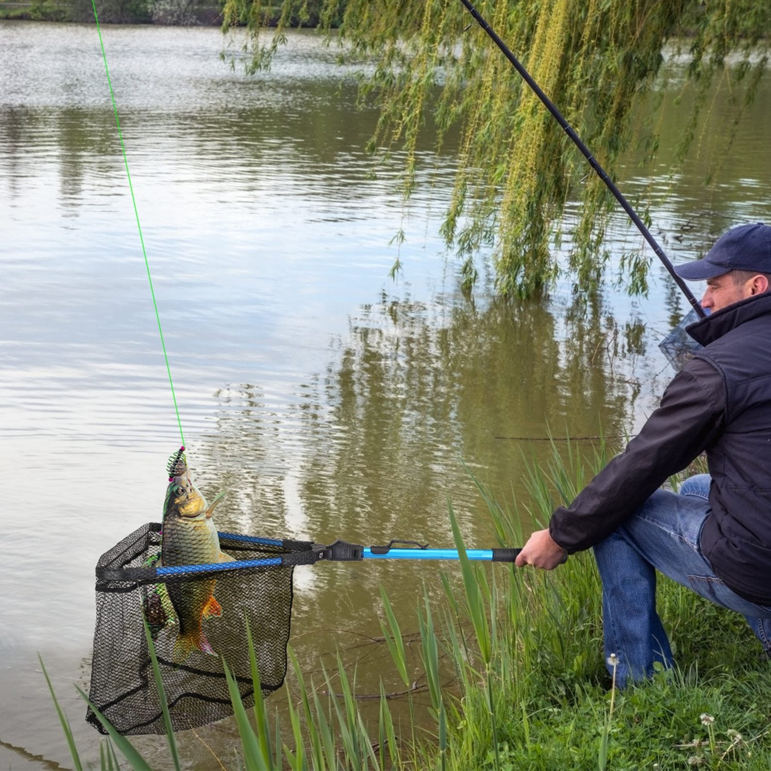 1Pc Foldable Fishing Net With Aluminum Alloy Rod EVA Handle Durable 5MM Hexagonal Nano Coating Nylon Mesh Collapsible Landing Net Safe Fish Catching Or Releasing