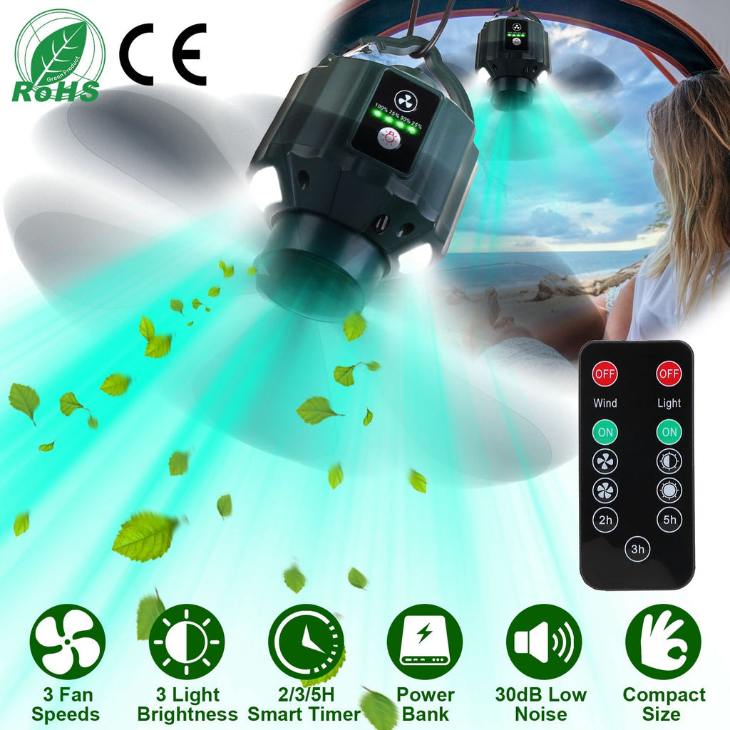 Portable Camping Ceiling LED Fan 10400mAh USB Battery Powered Hanging Tent Lantern Fan Power Bank With 3 Fan Speed 3 Light Brightness Smart Timer Remote Control