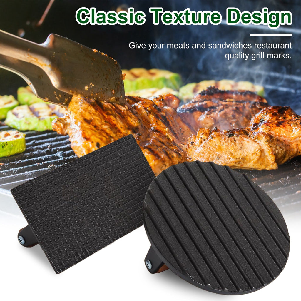 Cast iron grill press set with 2 pieces - rectangular and round burger smasher with ergonomic wooden handles for camping BBQ