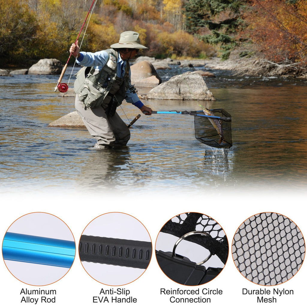 1Pc Foldable Fishing Net With Aluminum Alloy Rod EVA Handle Durable 5MM Hexagonal Nano Coating Nylon Mesh Collapsible Landing Net Safe Fish Catching Or Releasing